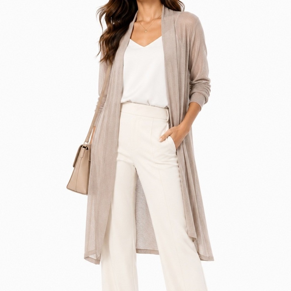 White House Black Market Metallic Champagne Longline Open Front Cardigan Large